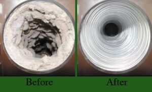 Before and after of Inside view of ribbed dryer vent with clogged vent on the left and cleared vent on the right.