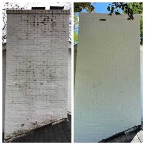 before and after with a white chimney with stains and masonry damage on the left and on the right shows refreshed white masonry after waterproofing service