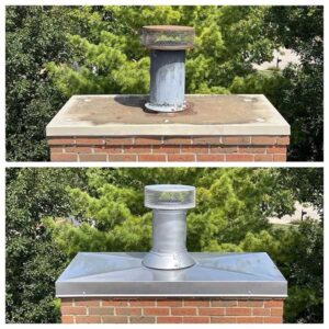 Chase Cover - Before (with rusty chase and cap) and After (brand new stainless steel chase cover and cap) new installation - Chase Covers should be well maintained and certain types can last up to 50 years.