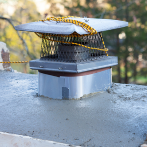 a metal chimney cap with a mesh screen surrounding