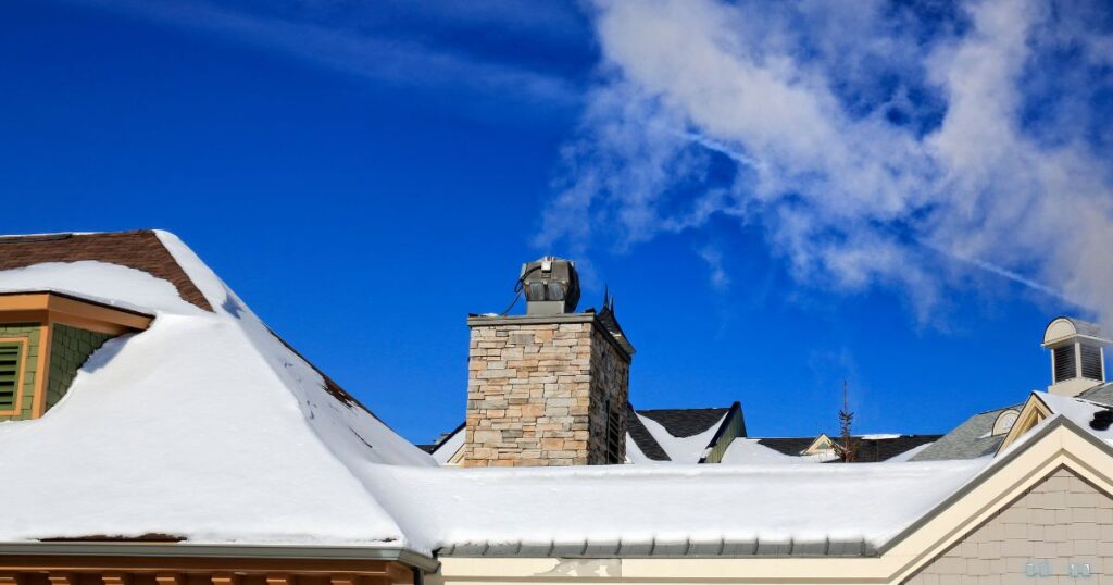 a chimney with smoke coming out on a snowy roof