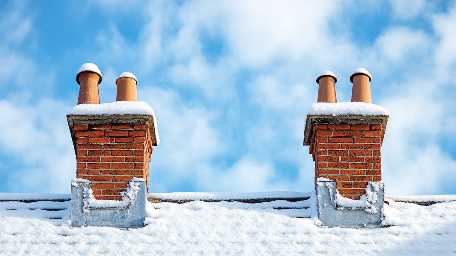 traditional red brick chimneys rise above a snow covered roof under a crisp winter blue sky